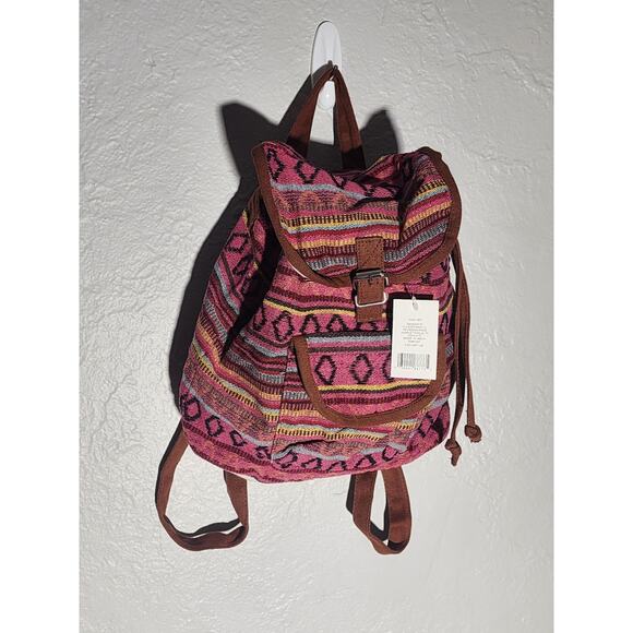 Drawstring Backpack Multicolored Beach Boho Woven Pack w Adjustable Straps - Picture 1 of 4